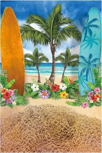 Miniatura 7 de Allenjoy Fondos de fondo de verano y playa para fotografía, cielo azul, playa, tabla de surf, palmeras tropicales, para niños y niñas, cartel