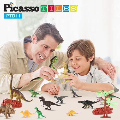 Miniatura 4 de PicassoTiles Juguetes de dinosaurio con tapete de juego de 32 piezas, juego de dinosaurios, kit de aprendizaje de actividades STEAM con libro Juego