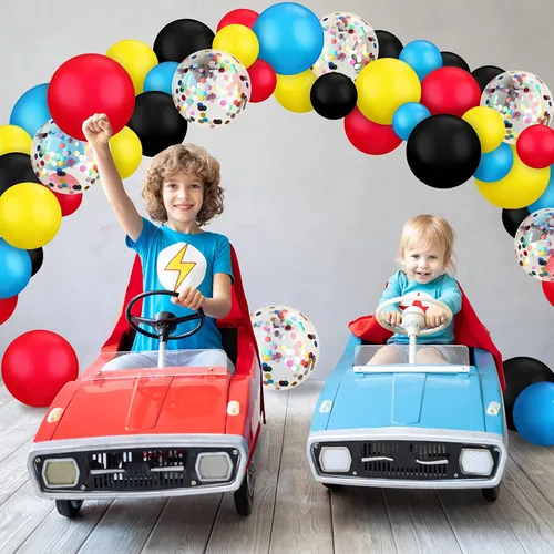 Miniatura 3 de Kit de guirnalda de arco de 147 piezas con temática de héroe, incluye globos azules, rojos, amarillos, negros con globos de confeti y cinta en rollo