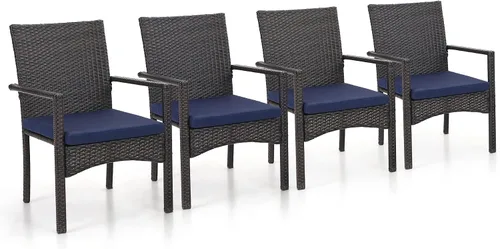 Miniatura 10 de Sophia & William Juego de 4 sillas de ratán para patio, 4 sillas de comedor de mimbre para exteriores con cojines de asiento y reposabrazos de madera