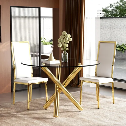 Miniatura 9 de Moderno juego de mesa redonda de cristal para 2, juego de mesa de cocina de círculo pequeño de 36 pulgadas con 2 sillas de comedor de piel sintética
