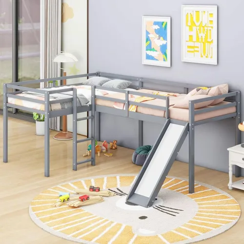 Merax Cama doble tipo loft de tamaño individual con tobogán y escalera, marco de cama de madera en forma de L con barandilla de longitud completa,