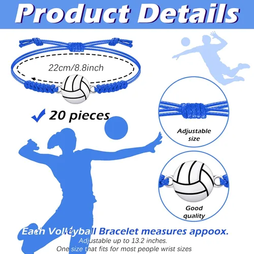 Miniatura 51 de 20 pulseras de voleibol ajustables, cuerda trenzada con dije de voleibol para niñas, mujeres, hombres, adolescentes, la mayoría de jugadores