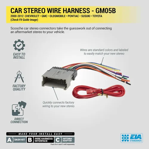 Miniatura 5 de Scosche GM05B Arnés de cableado de radio de coche compatible con vehículos GM, Suzuki y Toyota seleccionados 2000-2012 no amplificados - Adaptador