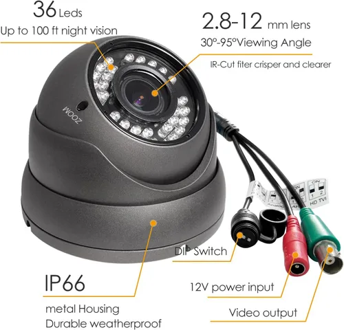 Miniatura 2 de Cámara CCTV analógica HD 1080P 4 en 1 (TVI/AHD/CVI/CVBS) Cámara domo de seguridad al aire libre, enfoque manual de 0.110 in-0.472 in, lente Gris