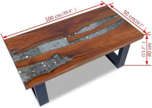 Miniatura 3 de vidaXL Mesa de centro de madera maciza de teca y mango hecha a mano con decoración de resina transparente, estilo industrial, multicolor, 39.4 x