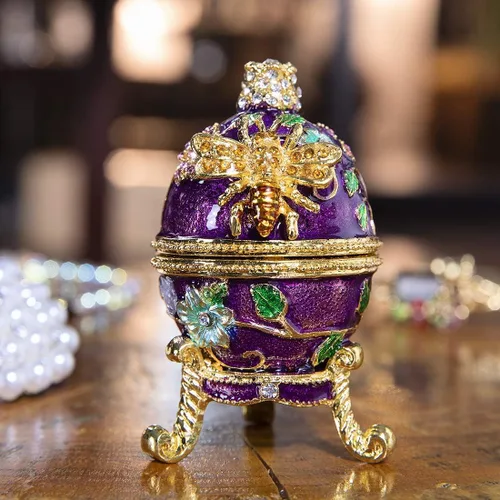 Miniatura 2 de YU FENG Faberge - Cajas para baratijas de huevo con bisagras, cristal con joyas, adorno de huevo de Pascua, caja de soporte para anillos, pintada a