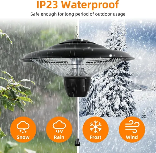 Miniatura 6 de KOCASO Calentador colgante de patio de 1500 W para interiores y exteriores, lámpara de calefacción eléctrica ultra silenciosa, IP23, impermeable, 2