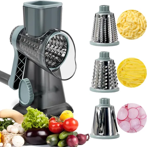 XUANYILA - Rallador rotativo de queso con manivela de mano, rallador de queso vegetal para cocina, 3 cuchillas intercambiables para queso, patata,