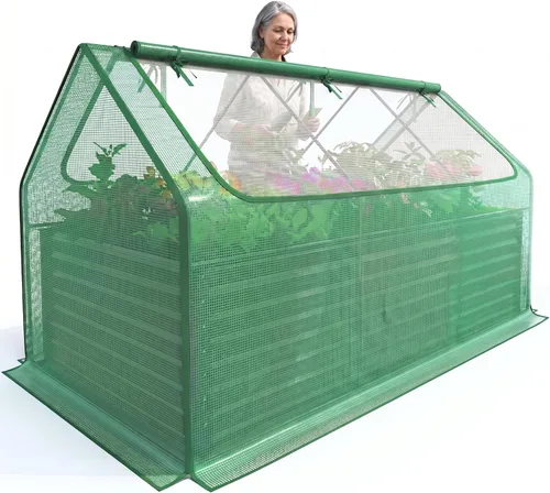 Miniatura 18 de Quictent juego de cama de cultivo elevada y galvanizada con cubierta de metal, con 2 ventanas, pequeño invernadero, con 20 etiquetas y guantes
