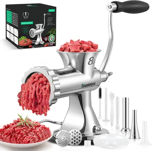 Huanyu Picadora manual de carne con 2 rellenos de salchichas de acero inoxidable, picadora de manivela, procesador de carnes, máquina de molienda,