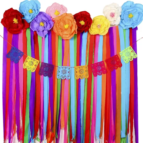 Miniatura 8 de TaoBary 16 piezas Flores de papel mexicanas, decoraciones de fiesta mexicanas, serpentina, fondo y banderines de papel picado, suministros