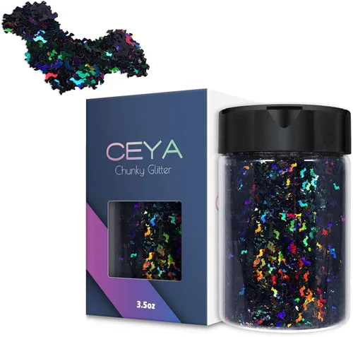 Ceya Murciélago holográfico con purpurina de 0.197 in, 4.4 onzas / 4.41 oz láser negro con purpurina gruesa, escamas iridiscentes para uñas de