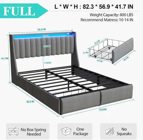 Miniatura 2 de Base de cama matrimonial con 2 cajones de almacenamiento, base de cama de plataforma tamaño matrimonial con luz LED, cabecera tapizada, estación