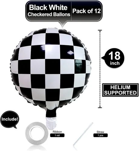 Miniatura 2 de Paquete de 12 globos de carreras a cuadros de 18 pulgadas, globos de aluminio de helio de Mylar a cuadros blancos y negros para fiestas temáticas