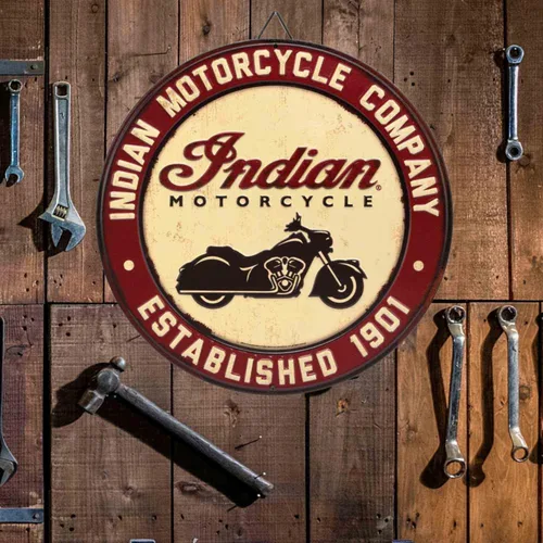 Miniatura 5 de Indian Motorcycle Company - Letrero redondo de metal para garaje, tienda o cueva de hombre Bronceado