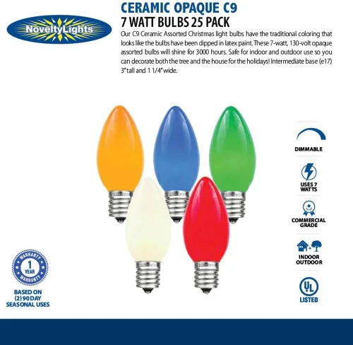 Miniatura 2 de Novelty Lights Paquete de 25 bombillas de repuesto de cerámica C9 para exteriores, azul, base intermedia E17/C9, 7 W