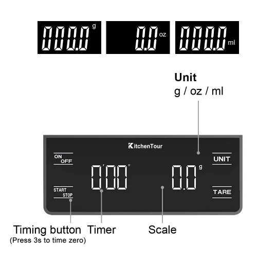 Miniatura 3 de Báscula de café KitchenTour con temporizador 3 kg/0,1 g, báscula de alta precisión para verter sobre goteo Espresso con pantalla LCD retroiluminada