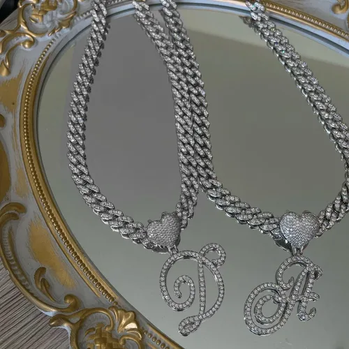 Miniatura 4 de BLBLJERY Collares con iniciales, cadena de eslabones cubanos de plata para mujer, cadena helada con dije de letra de corazón, cadena personalizada