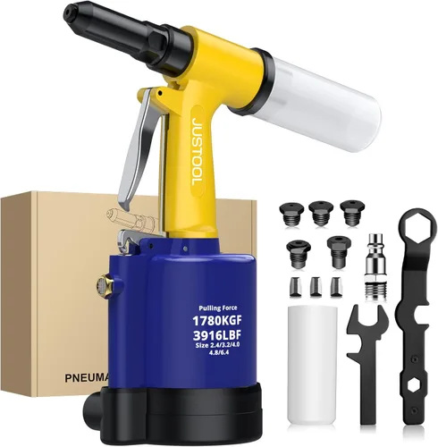 JUSTOOL Pistola de remache neumática de alta resistencia 3916 LBF Air Rivet Gun-3/32", 1/8", 5/32", 3/16", 1/4" Remachadora de aire con NPT 1/4
