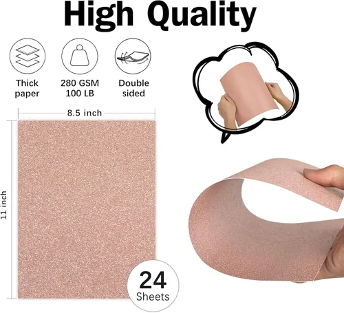 Miniatura 2 de Cartulina de color oro rosa con purpurina de 8.5 x 11 pulgadas doble cara, 24 hojas, papel dorado con purpurina Goefun sin desprendimiento