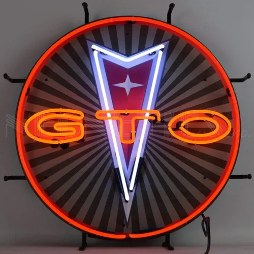 GTO Pontiac - Letrero de neón con respaldo, tubos de vidrio real soplados a mano, rojo, blanco y naranja, mide 24 pulgadas de ancho por 24 pulgadas