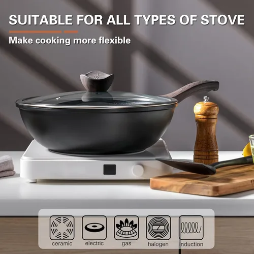 Miniatura 2 de Kordisen Wok antiadherente con tapa, woks y sartenes de 12 pulgadas, revestimiento de piedra de granito para cocinar, utensilios de cocina de Negro