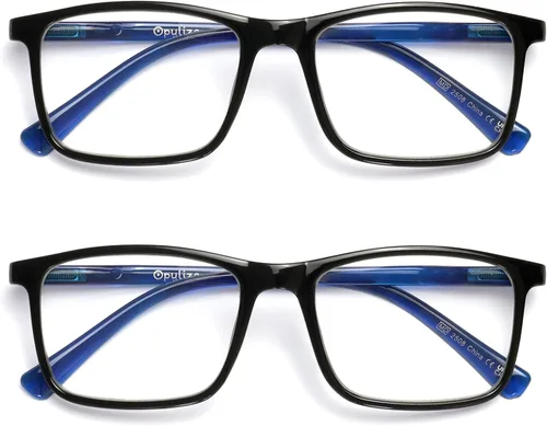 OPULIZE INK - Gafas de lectura – Paquete económico de 2 – Marco rectangular grande – Bisagras de resorte – Resistente a los arañazos – Brazo negro