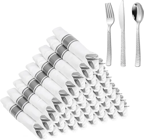 Miniatura 13 de WELLIFE 50 cubiertos de plástico plateado martillado para invitados, servilletas preenrolladas con cubiertos de plata, cubiertos desechables