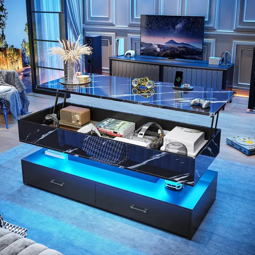 Miniatura 13 de SEDETA Mesa de centro elevable de 40 pulgadas, mesas de centro con almacenamiento para sala de estar, mesa de centro pequeña con 2 cajones y luz LED