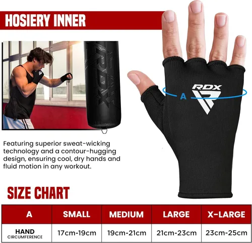 Miniatura 6 de RDX Guantes de mano para boxeo, guantes internos para hombres y mujeres, vendas elásticas de medio dedo, protección para los puños debajo