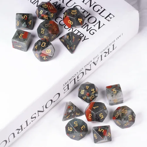Miniatura 5 de rockcloud Juego de 7 dados poliédricos DND de piedra de sangre africana, dados hechos a mano con piedra de cristal curativo con caja de dados