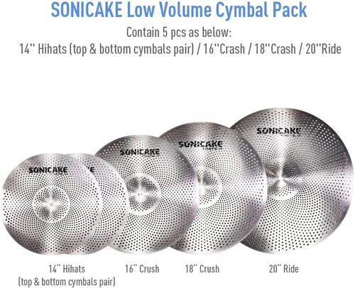 Miniatura 2 de SONICAKE Paquete de platillos de bajo volumen Juego de platillos silenciosos 14" Hi-Hat + 16" Crash + 18" Crash + 20" Ride Juego de práctica