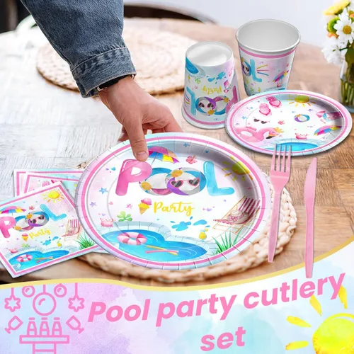 Miniatura 3 de Suministros para fiesta de piscina, 141 piezas de vajilla de cumpleaños de piscina rosa, platos para fiesta de piscina, vasos, servilletas