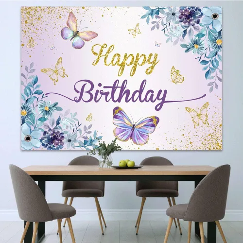 Miniatura 4 de Telón de fondo de mariposa de 7 x 5 pies, diseño de mariposas moradas, besos y deseos de cumpleaños, mariposas azules, flores doradas, fondo