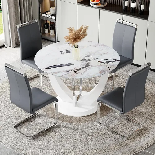 Miniatura 56 de Juego de mesa de comedor redonda para 4, mesa moderna de 48" con tapa de mármol sintético falso y pedestal brillante negro, juego de mesa de cocina