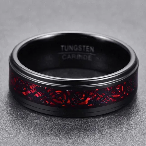 Miniatura 5 de Corato Anillos de tungsteno para hombre, 0.315in, dragón celta negro y ópalo rojo, dos tonos, carburo de tungsteno, borde escalonado, ajuste cómodo