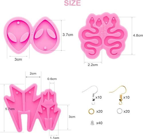 Miniatura 2 de Kit de 103 moldes de resina para aretes, 3 moldes de silicona para joyería de resina, moldes de fundición epoxi con ganchos para aretes para aretes