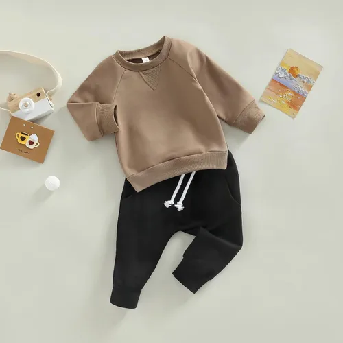 Miniatura 100 de Conjunto de 2 piezas de sudadera de manga larga con cuello redondo y pantalones casuales para bebés y niños pequeños