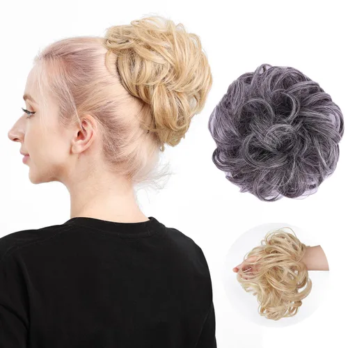 Miniatura 20 de Moño de cabello despeinado castaño, moños desordenados falsos sintéticos, moño rizado, moño recogido y moño, extensiones de cabello envolvente