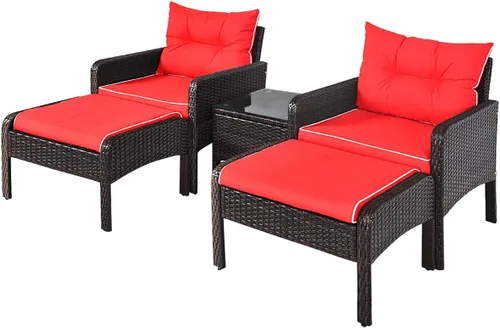 Miniatura 9 de Juego de muebles de mimbre para patio, juego de conversación de mimbre modular para exteriores con 2 otomanas y mesa de centro de vidrio templado