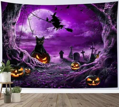 Miniatura 18 de LB Tapiz espeluznante de cementerio de Halloween, lápida aterradora con árboles muertos, tapiz de bosque para colgar en la pared, tapiz de fondo