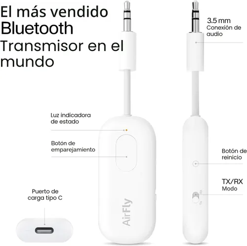 Miniatura 3 de Twelve South AirFly Pro Adaptador Transmisor/Receptor Bluetooth Inalámbrico para 2 Auriculares, Compartir Audio, Compatible con Jack Auxiliar