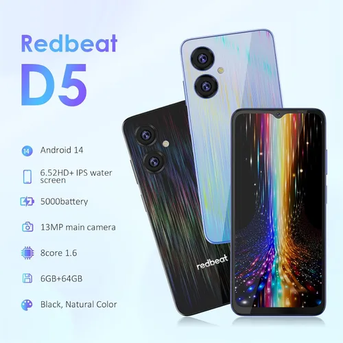 Miniatura 2 de Redbeat Teléfonos celulares Android 14 desbloqueados D5 8 núcleos 1.6GHz procesador 6.52 pulgadas IPS, 5000mAh, 6GB RAM 64GB ROM expandible 1TB