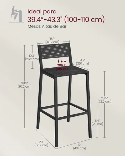 Miniatura 3 de VASAGLE Juego de 2 taburetes de bar, sillas de bar para cocina, comedor, industrial, gris carbón y negro ULBC070B22