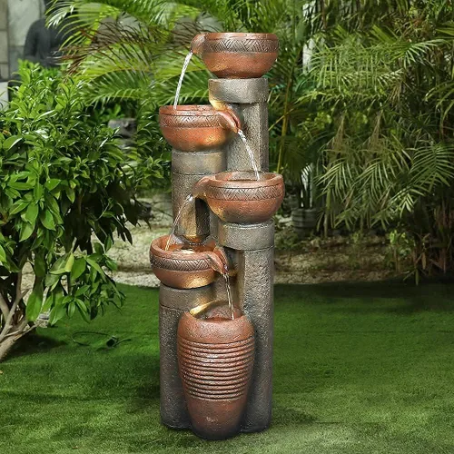 Miniatura 10 de Hamiedun Fuente de agua de 38.2 pulgadas de alto para exteriores, cuencos en cascada y piedras apiladas con luces LED, fuente de cascadas