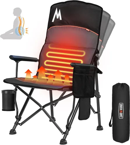 Overmont Silla de camping climatizada con respaldo alto - 3 niveles de calor Calefacción por separado de 2 zonas - Soporte de 450 libras Silla