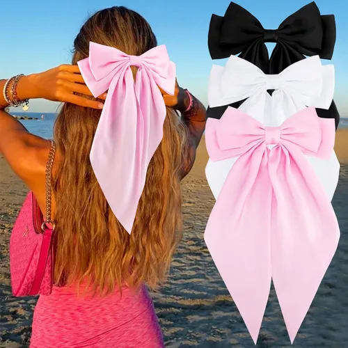 Miniatura 22 de Velscrun Lazos para el cabello para mujeres y niñas, 3 unidades, lazo blanco, lazo negro, azul marino, lazos grandes para el cabello con clip, lazos