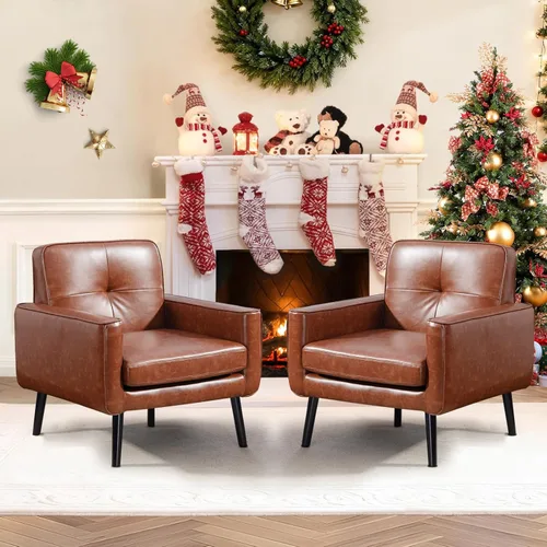 Miniatura 12 de Sillón moderno de acento de mediados de siglo, silla de piel sintética PU con estructura de madera, sillón acogedor para lectura con respaldo cómodo