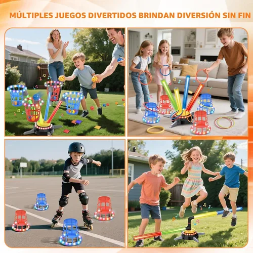 Miniatura 2 de TERRAMUS Juego de Lanzamiento de Anillos de Puf 3 en 1 para Niños, Juegos de Salto Musical Recargables con Luz LED y Control Remoto, Base Giratoria